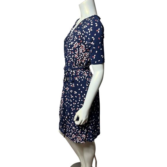 Motherhood Maternity Navy Leaf Print Wrap Dress Knee Length Belted Size Small - Picture 2 of 6